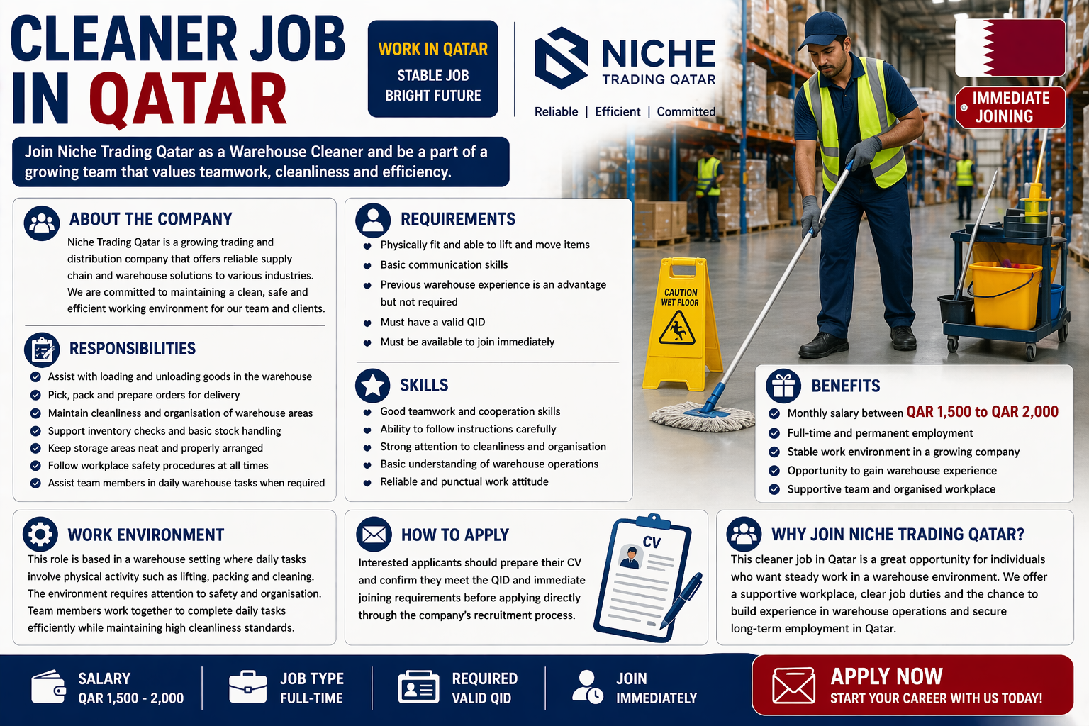 Cleaner Job in Qatar – Salary, Visa, Warehouse Cleaning & Helper Jobs
